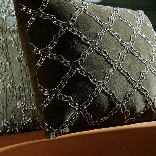 Luxe Collection Greta Beaded Moss Green Cotton Velvet Cushion