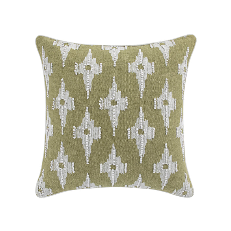 Mahika Ikat Sage Green French Knot Linen Cushion