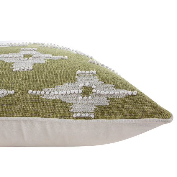 Mahika Ikat Sage Green French Knot Linen Cushion