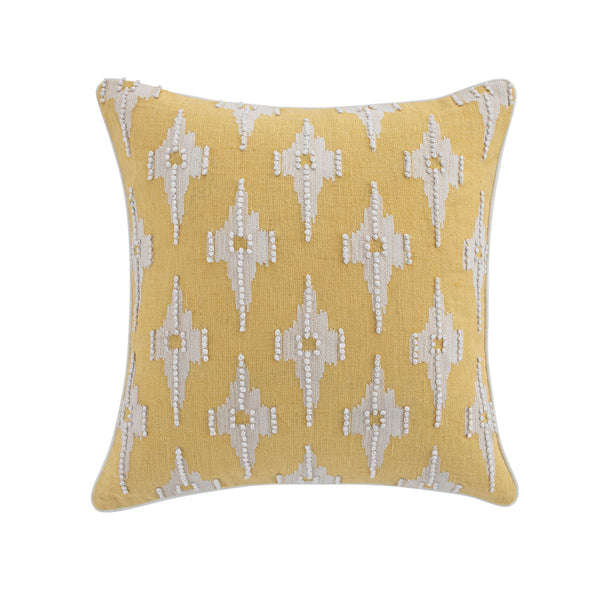 Mahika Ikat Yellow French Knot Linen Cushion