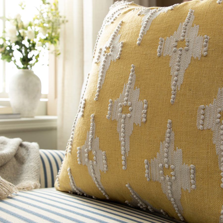 Mahika Ikat Yellow French Knot Linen Cushion