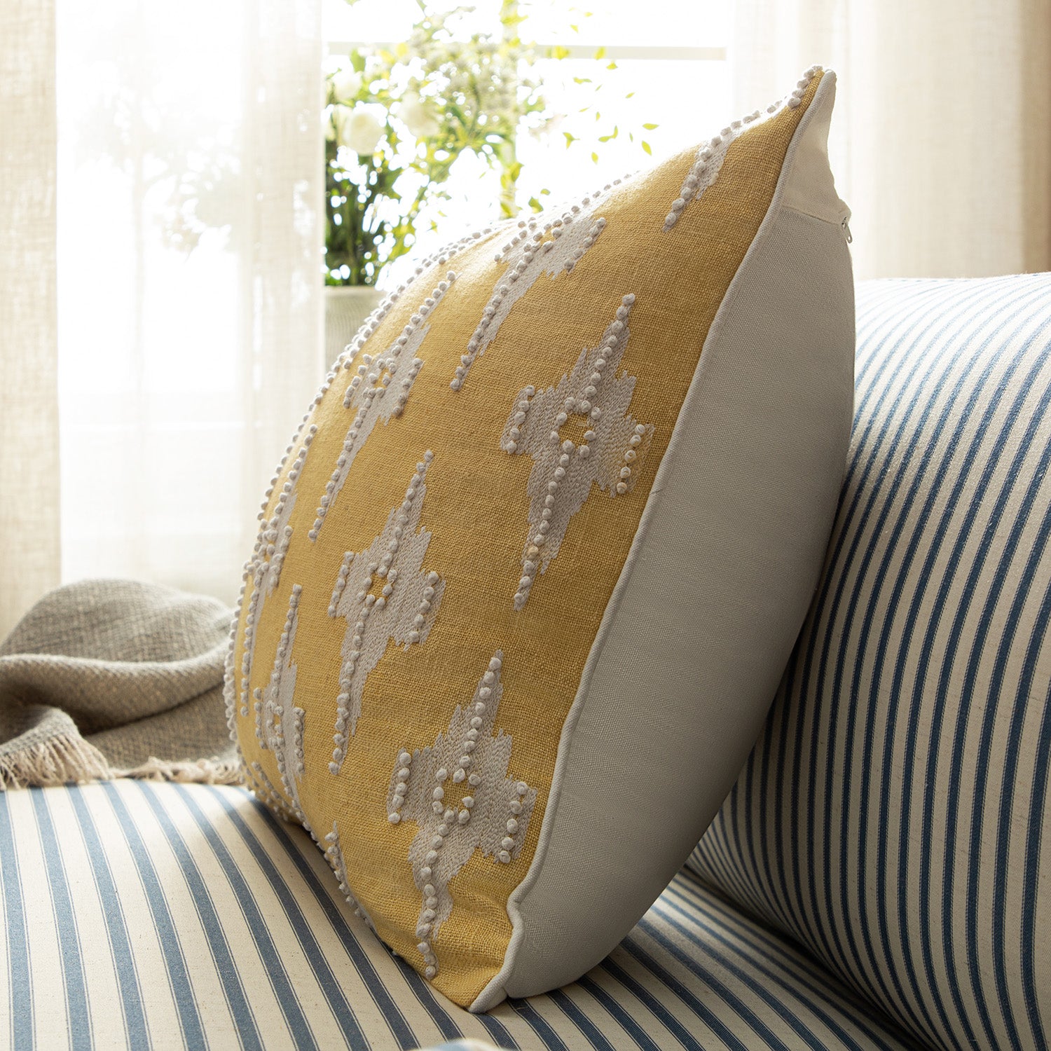 Mahika Ikat Yellow French Knot Linen Cushion