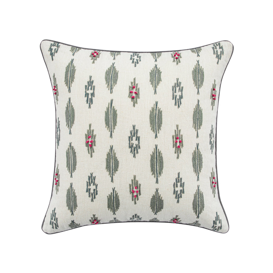 Patola Ikat Slate Blue and Pink French Knot Linen Cushion