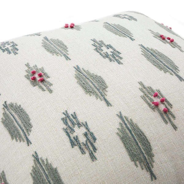 Patola Ikat Slate Blue and Pink French Knot Linen Cushion