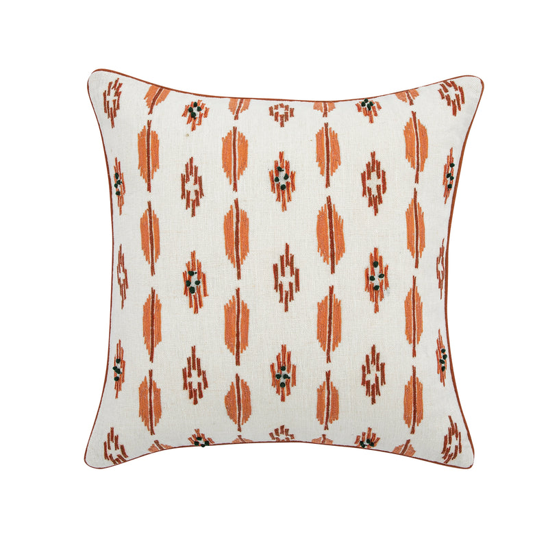 Patola Ikat Orange and Green French Knot Linen Cushion