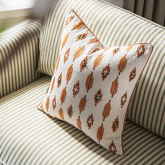 Patola Ikat Orange and Green French Knot Linen Cushion