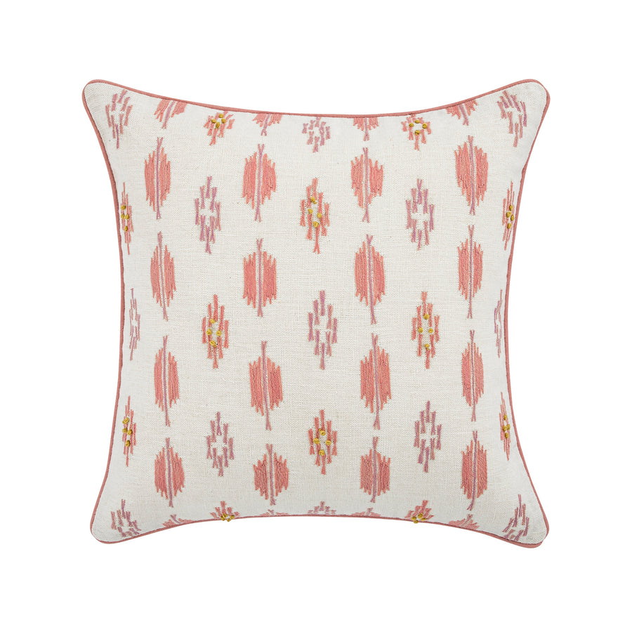 Patola Ikat Pink and Yellow French Knot Linen Cushion