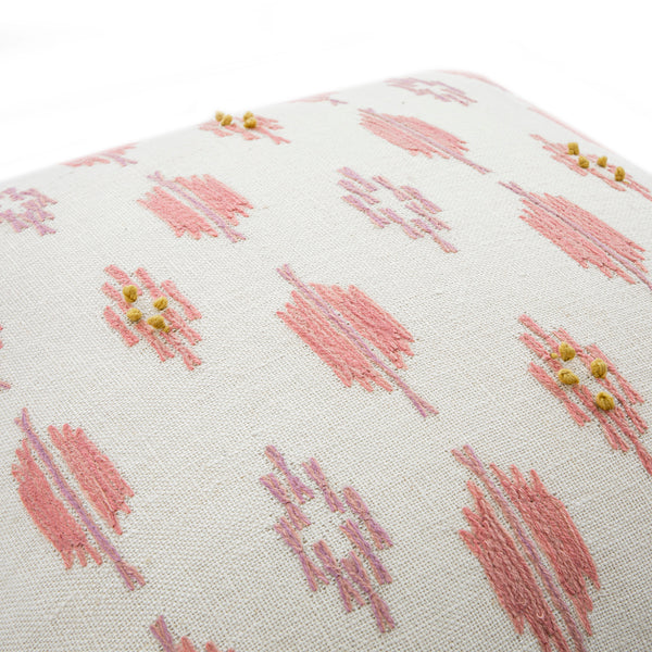 Patola Ikat Pink and Yellow French Knot Linen Cushion