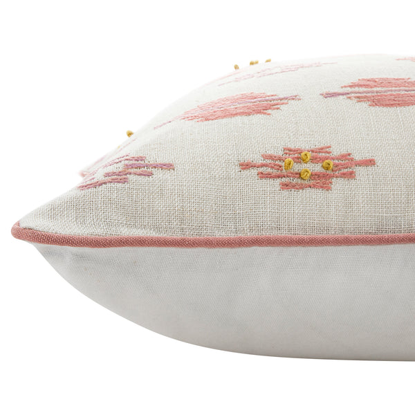 Patola Ikat Pink and Yellow French Knot Linen Cushion