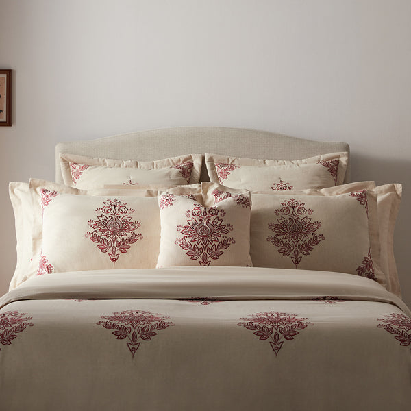 Isadora Garnet Red Damask Embroidered Cotton Cushion - daals