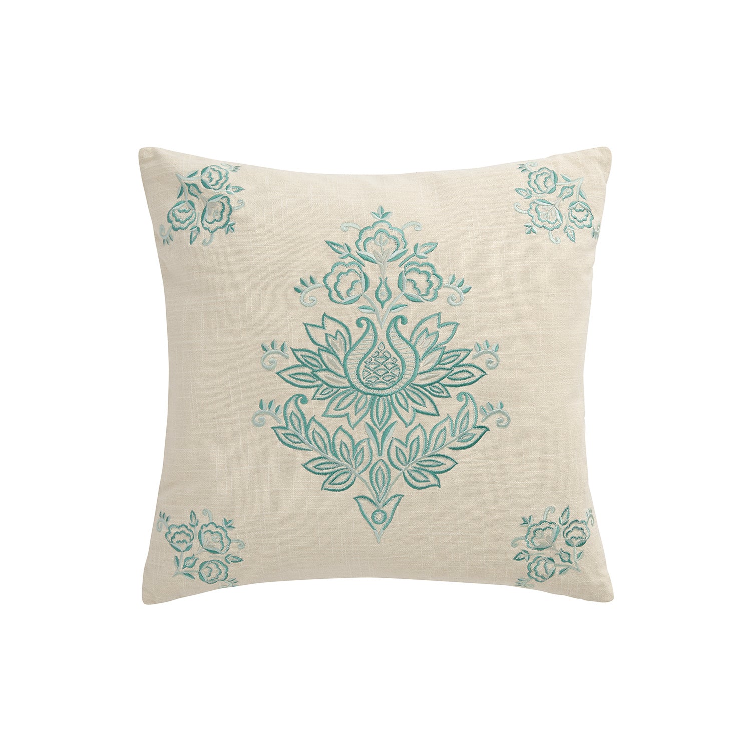 Isadora Teal Damask Embroidered Cotton Cushion