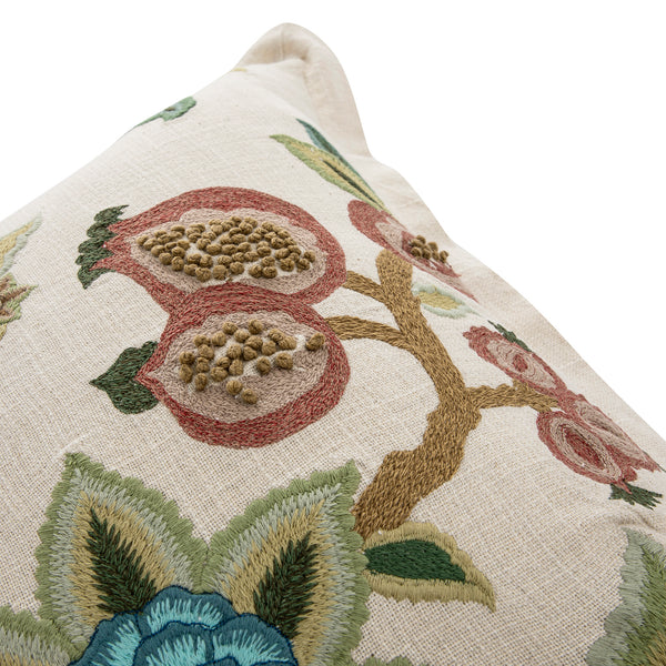 Flora & Fauna Hand Embroidered Jacobean Pomegranate Cushion