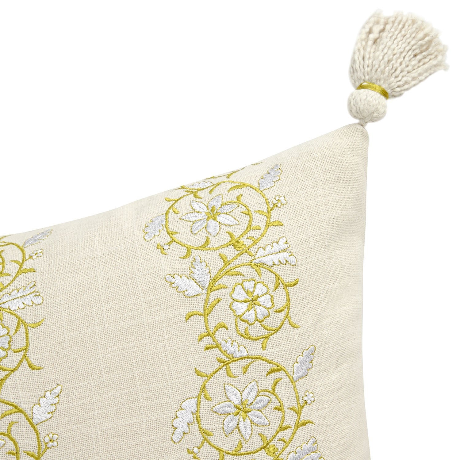 Jasmina Cream Floral Embroidered Linen Blend Tassel Cushion