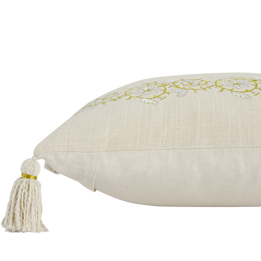 Jasmina Cream Floral Embroidered Linen Blend Tassel Cushion - daals