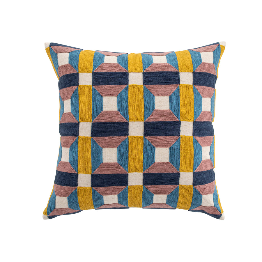Knox Pink Blue & Yellow Crewelwork Wool Embroidered Cushion
