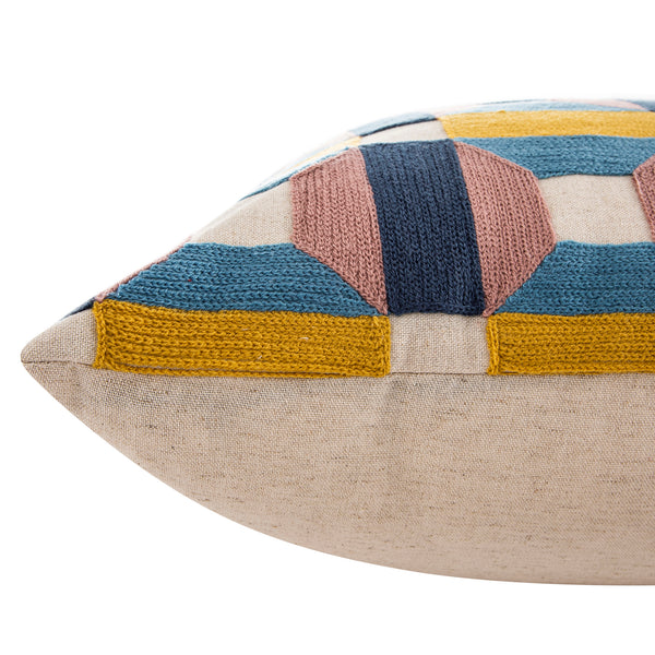 Knox Pink Blue & Yellow Crewelwork Wool Embroidered Cushion - daals