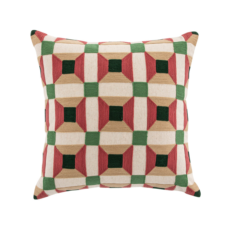 Knox Pink Green & Beige Crewelwork Wool Embroidered Cushion