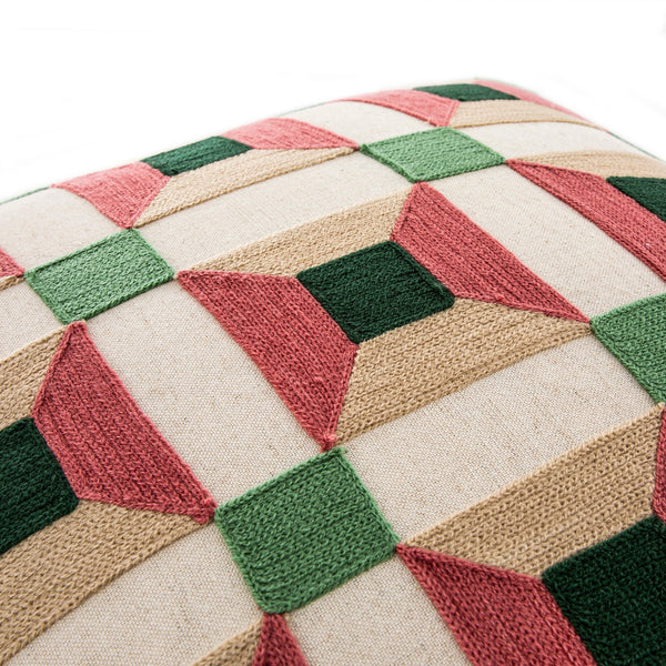 Knox Pink Green & Beige Crewelwork Wool Embroidered Cushion
