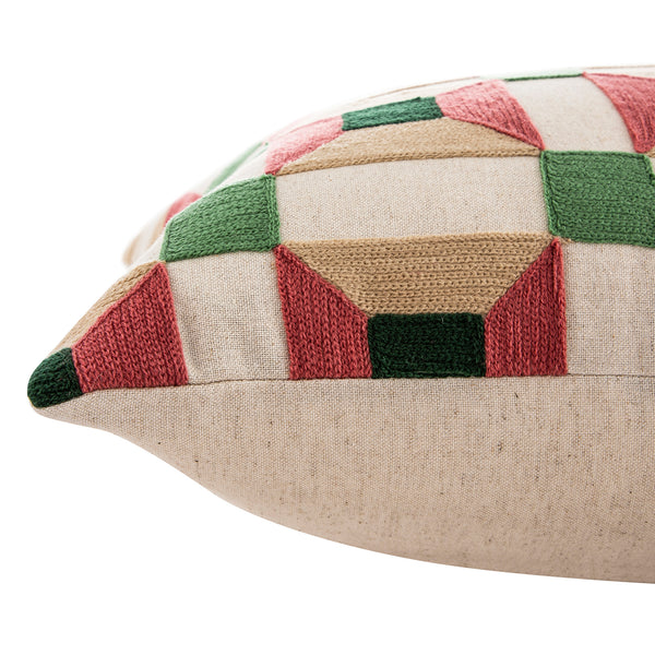Knox Pink Green & Beige Crewelwork Wool Embroidered Cushion