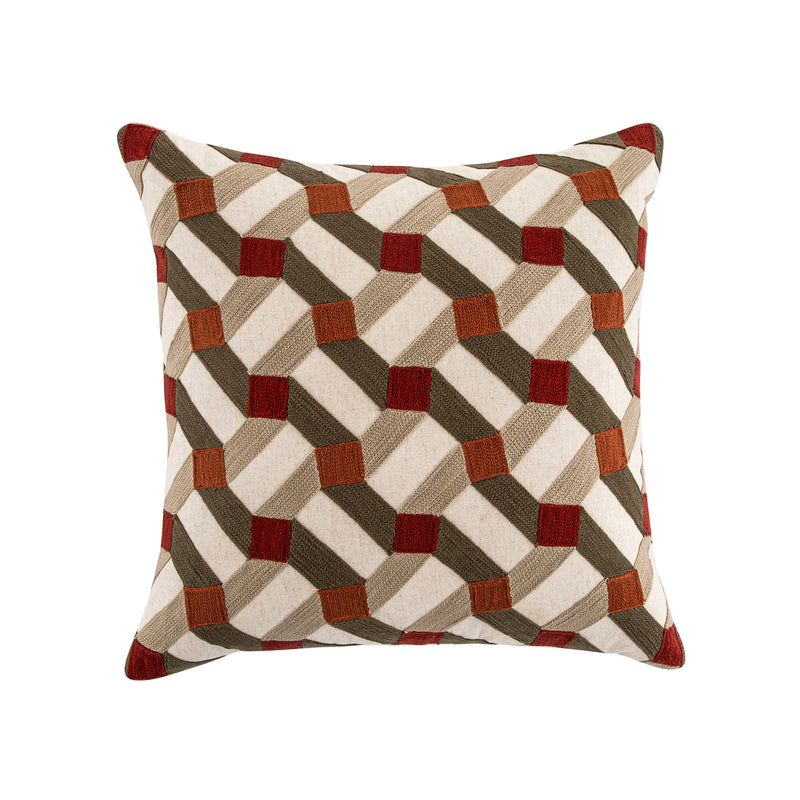 Knox Rust Olive & Beige Crewelwork Wool Embroidered Cushion