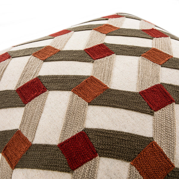 Knox Rust Olive & Beige Crewelwork Wool Embroidered Cushion