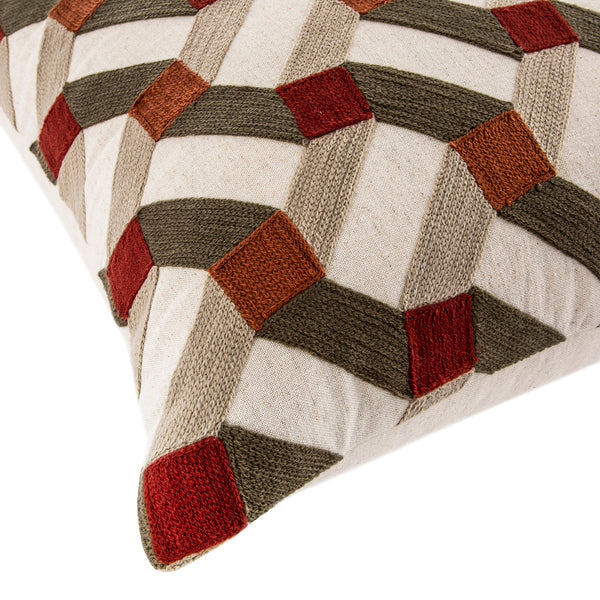 Knox Rust Olive & Beige Crewelwork Wool Embroidered Cushion
