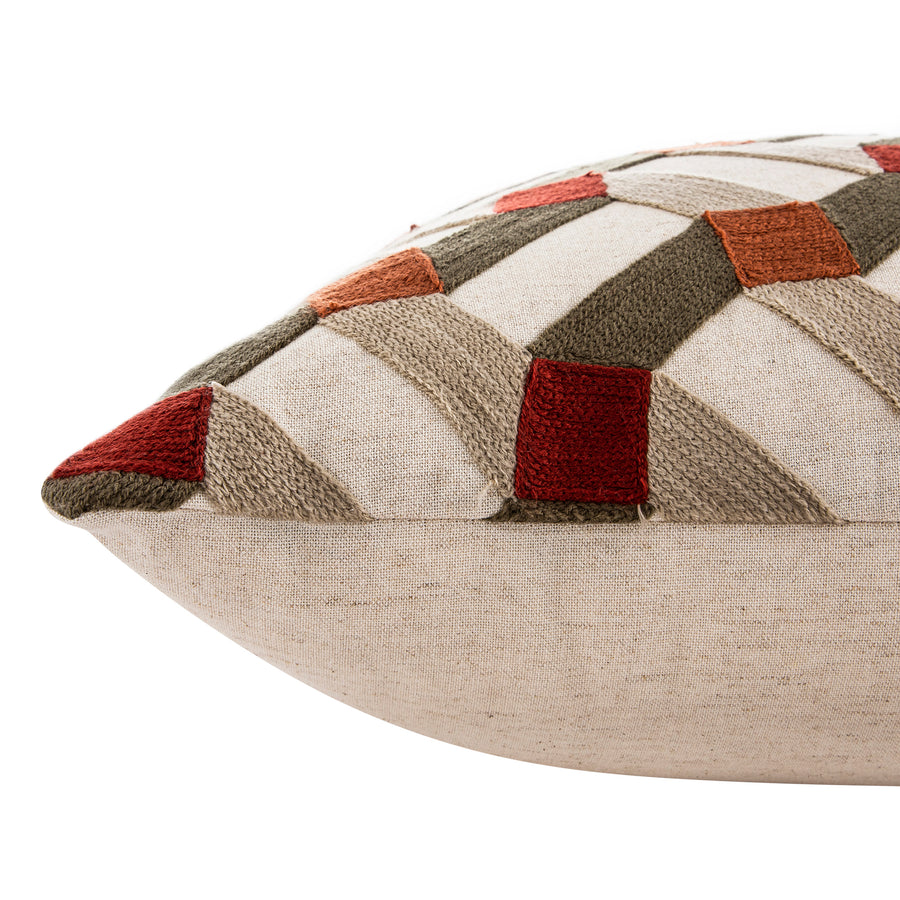 Knox Rust Olive & Beige Crewelwork Wool Embroidered Cushion