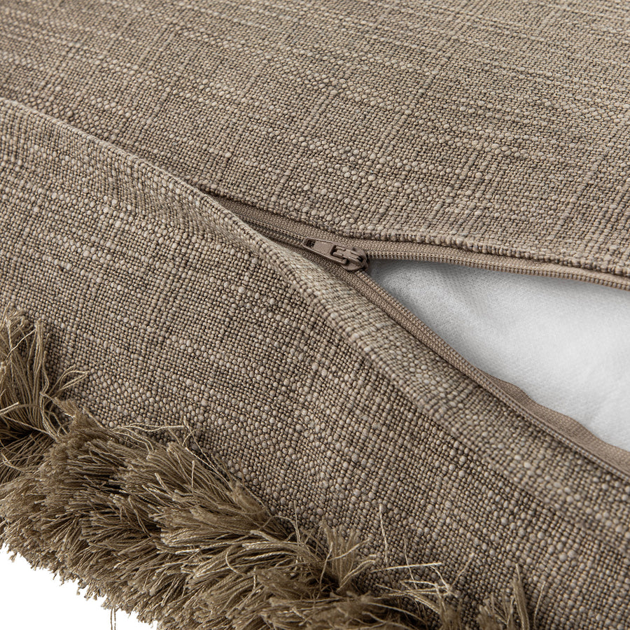 Kyra Mushroom Grey Linen Fringed Rectangular Cushion