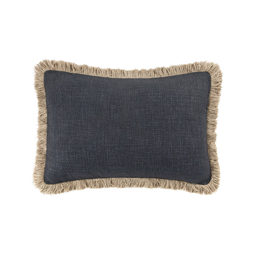 Kyra Petrol Blue Linen Fringed Rectangular Cushion