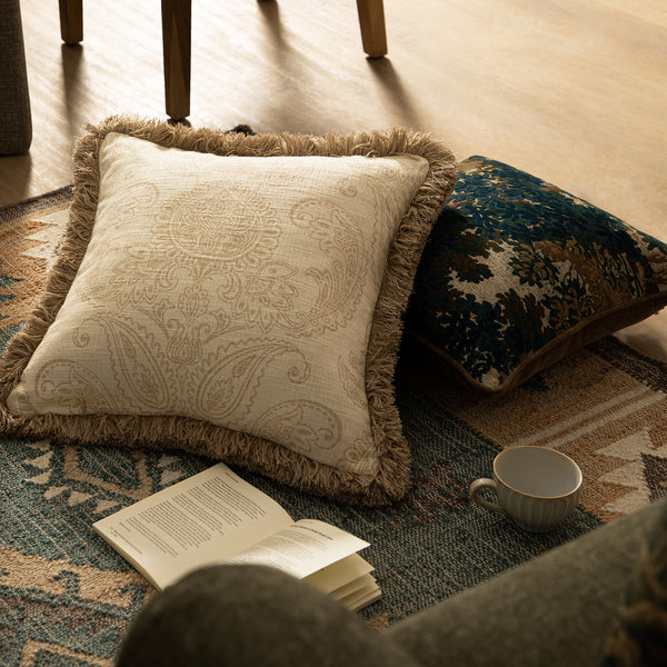 Kyra Floral Printed Linen Fringed Cushion - daals