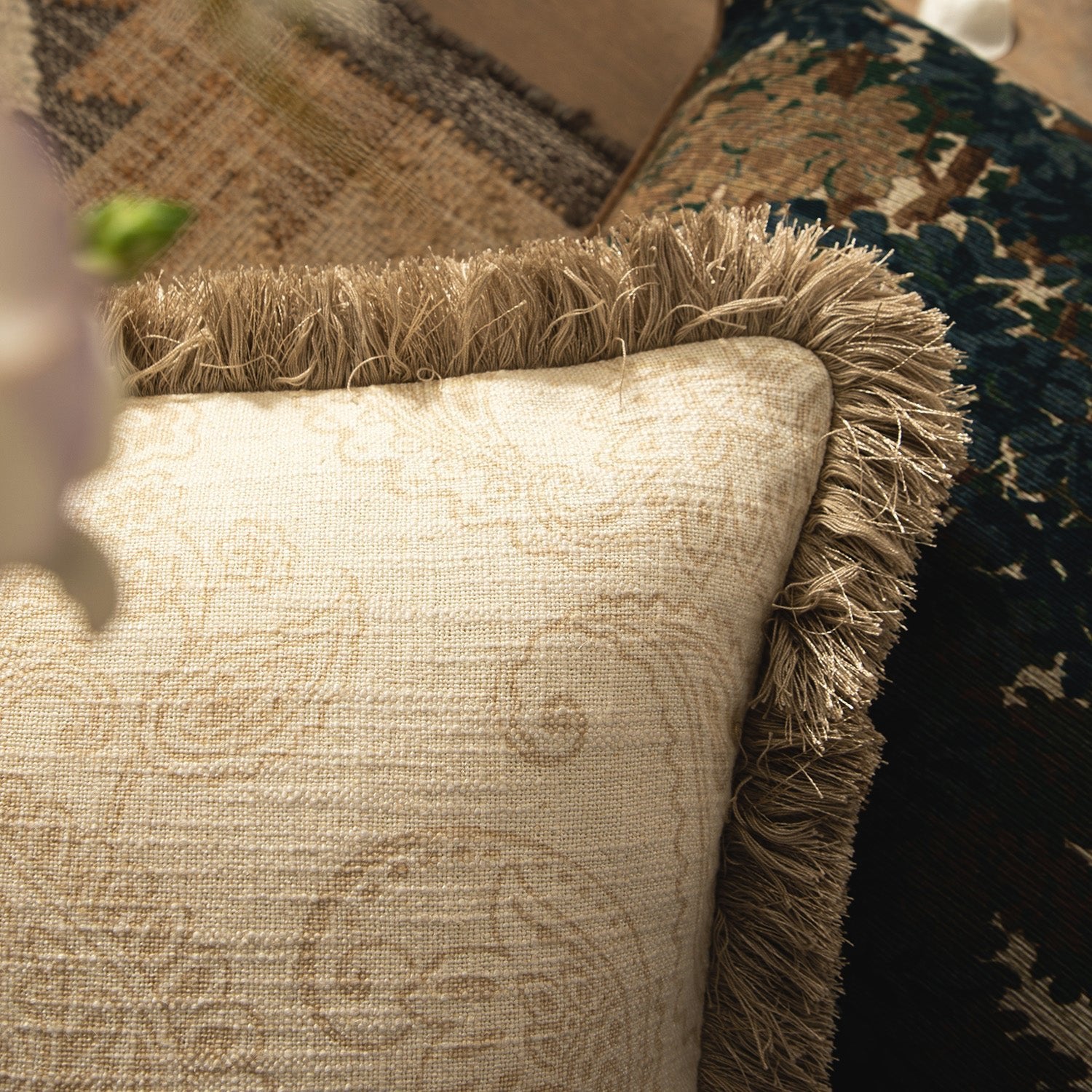Kyra Floral Printed Linen Fringed Cushion
