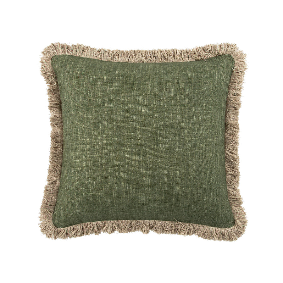Kyra Spruce Green Linen Fringed Cushion