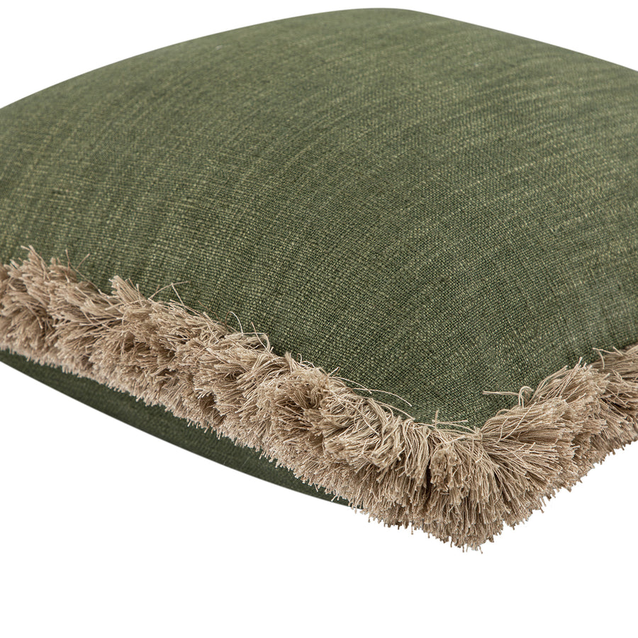 Kyra Spruce Green Linen Fringed Cushion