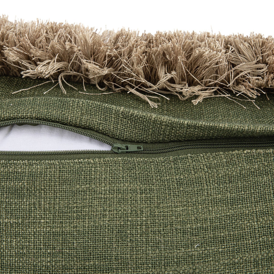 Kyra Spruce Green Linen Fringed Cushion