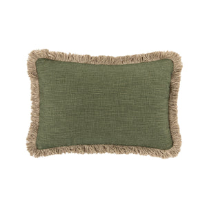 Kyra Spruce Green Linen Fringed Rectangular Cushion