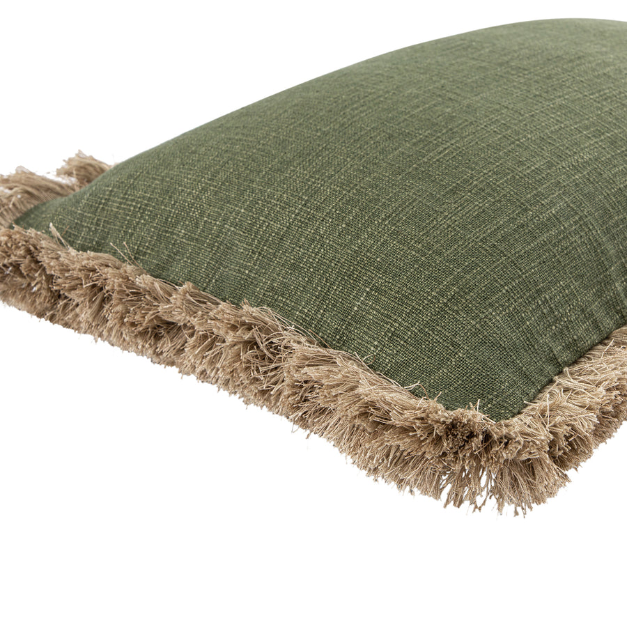 Kyra Spruce Green Linen Fringed Rectangular Cushion