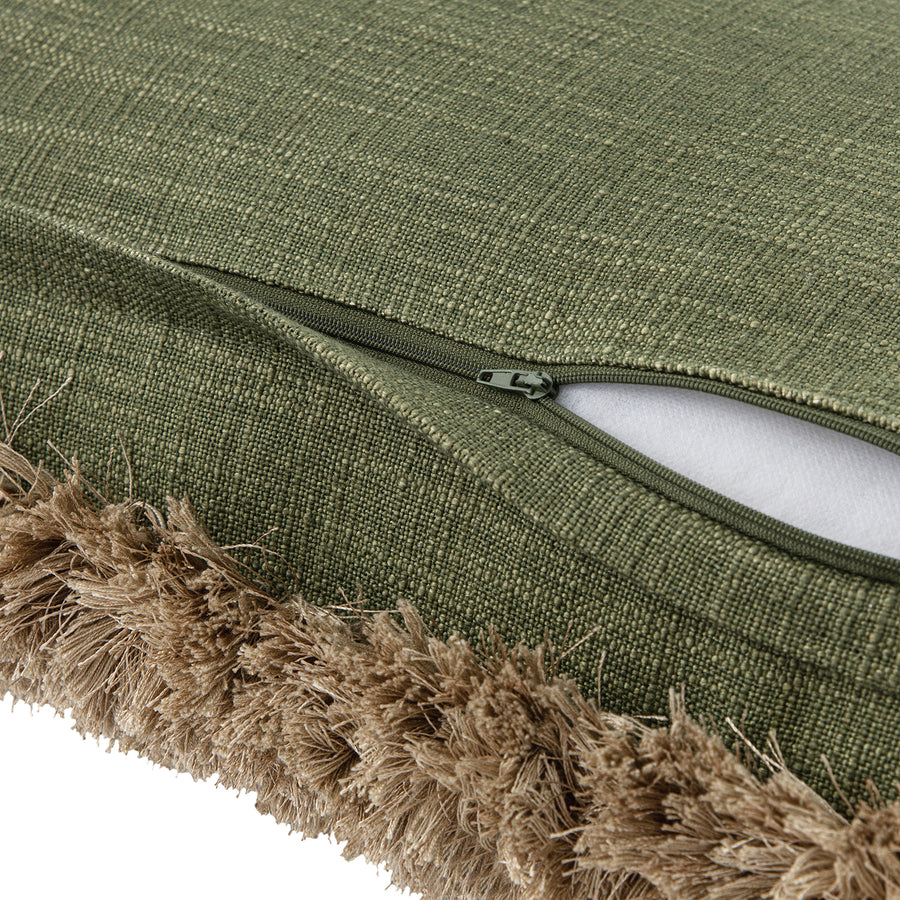 Kyra Spruce Green Linen Fringed Rectangular Cushion