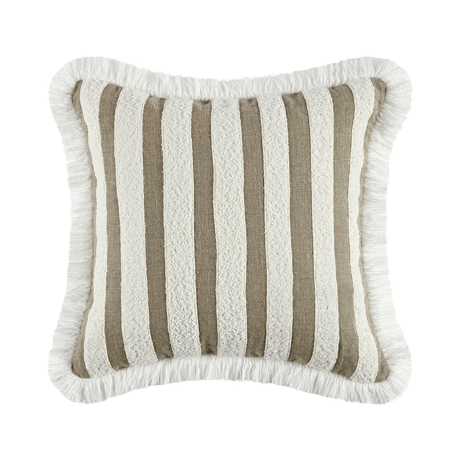 Kyra Cream White & Taupe Striped Linen Bouclé Fringed Cushion