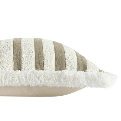 Kyra Cream White & Taupe Striped Linen Bouclé Fringed Cushion