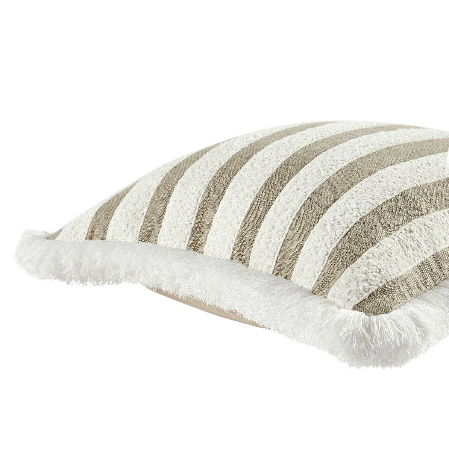 Kyra Cream White & Taupe Striped Linen Bouclé Fringed Cushion