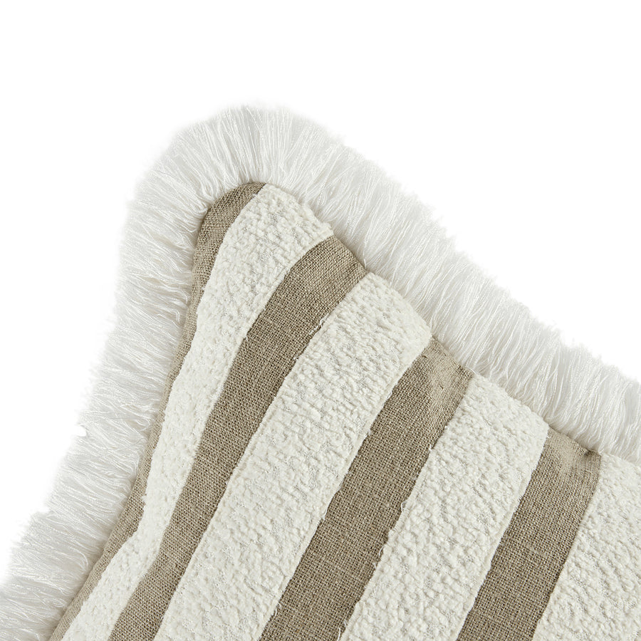 Kyra Cream White & Taupe Striped Linen Bouclé Fringed Cushion