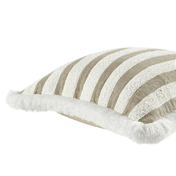 Kyra Cream White & Taupe Striped Linen Bouclé Fringed Cushion
