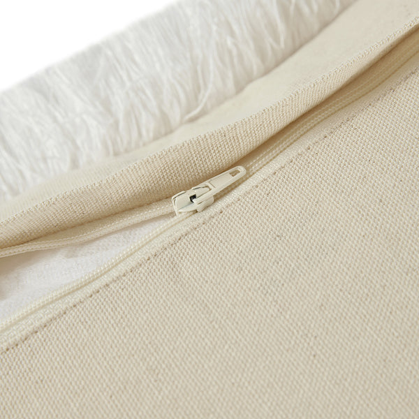 Kyra Cream White & Taupe Striped Linen Bouclé Fringed Cushion