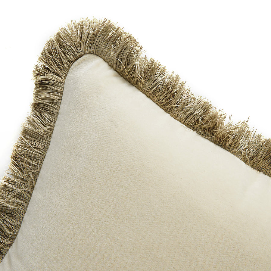 Kyra Oyster Cotton Velvet Natural Fringed Cushion