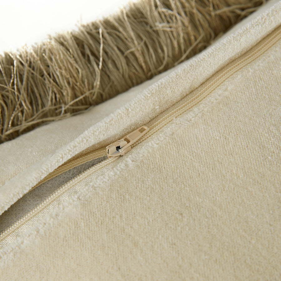Kyra Oyster Cotton Velvet Natural Fringed Cushion