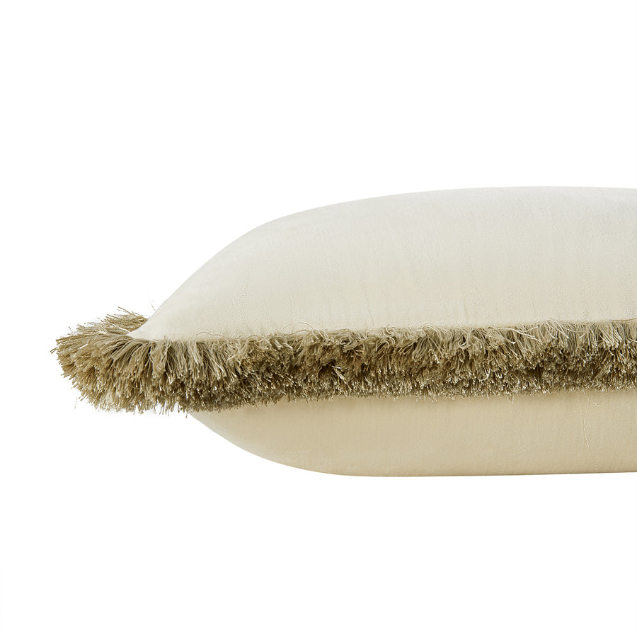 Kyra Oyster Cotton Velvet Natural Fringed Rectangular Cushion