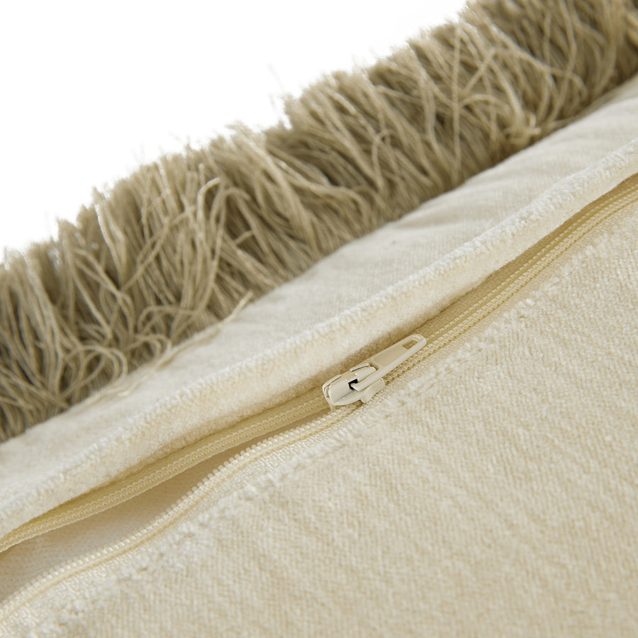 Kyra Oyster Cotton Velvet Natural Fringed Rectangular Cushion