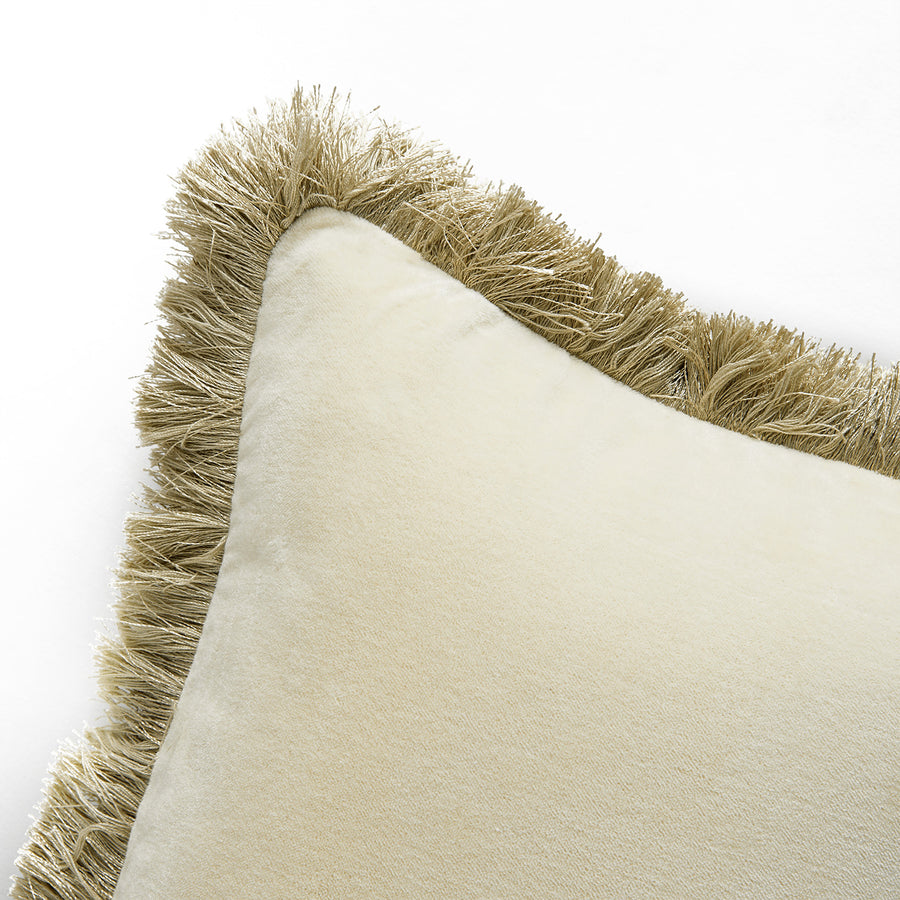 Kyra Oyster White Cotton Velvet Natural Fringed Lumbar Cushion