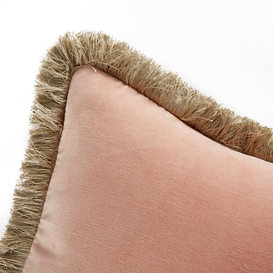Kyra Flamingo Pink Cotton Velvet Natural Fringed Rectangular Cushion