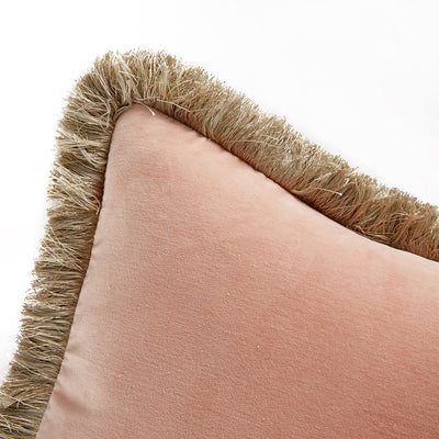 Kyra Flamingo Pink Cotton Velvet Natural Fringed Rectangular Cushion